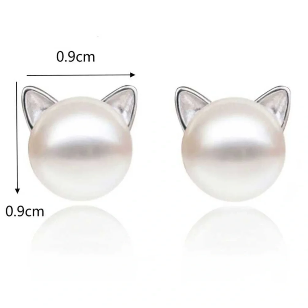 Silver White Cat Faux Pearl Earrings, Cat Earrings, Cat Jewelry, Cat Lover Gift